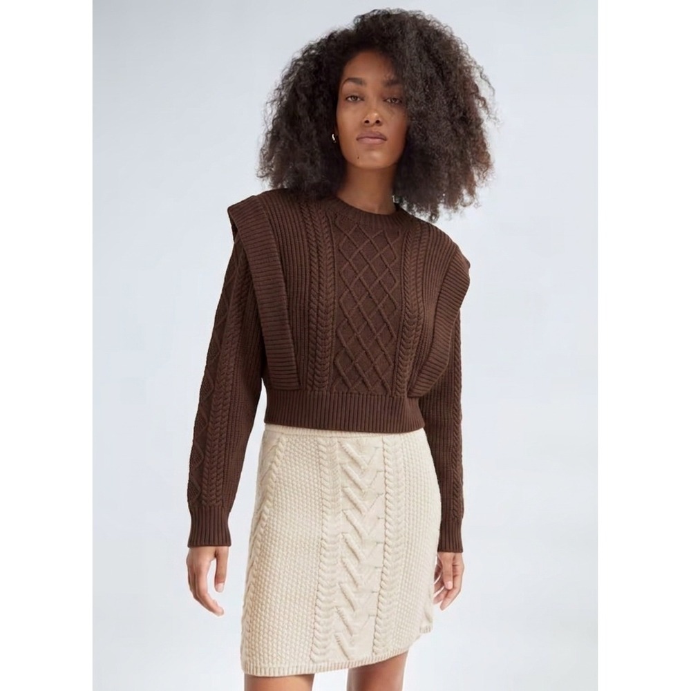 Babaton Seek Sweater Brown Cable-Knit Shoulder Pad Merino Wool Pullover XSmall